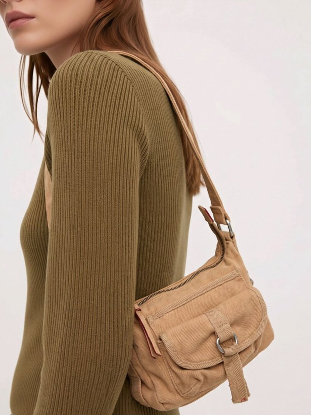 Fossil ✦ Tan Canvas Crossbody Bag ✦ Front Buckle Pocket Adjustable Strap Striped